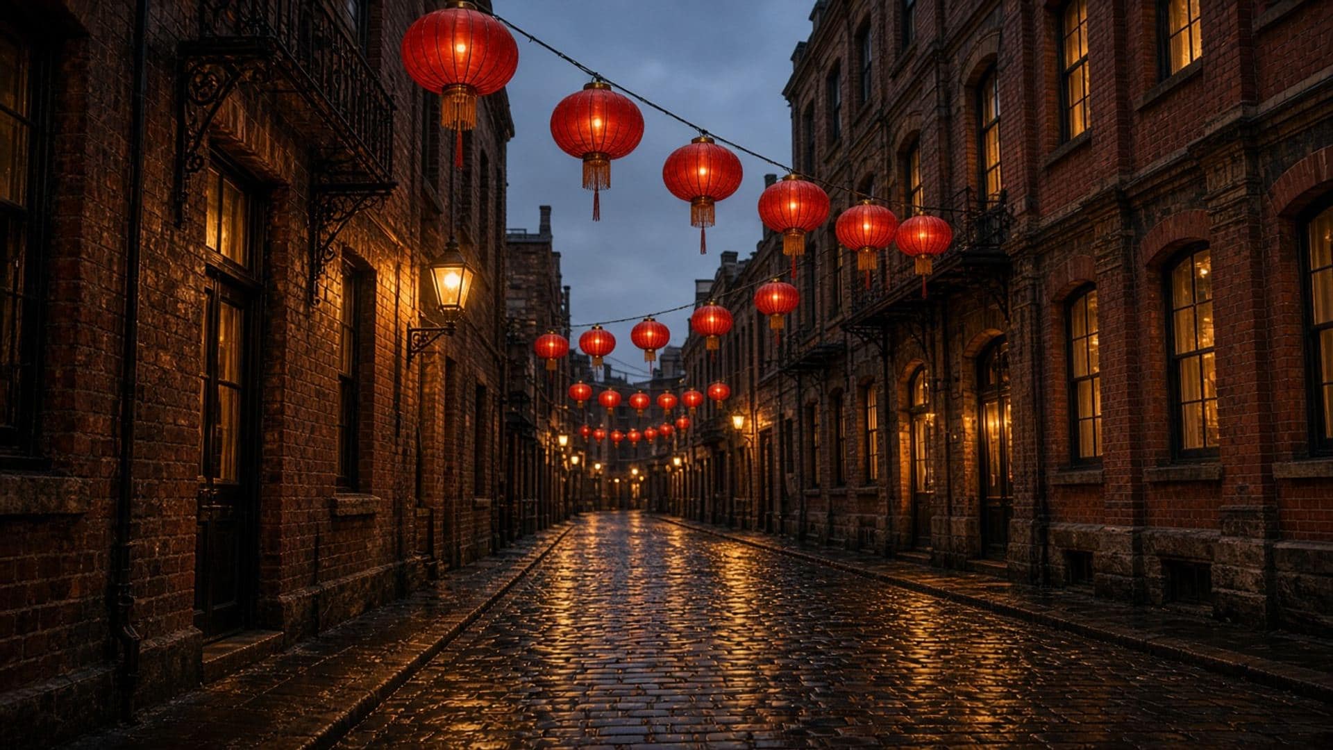 Lantern-lit heritage laneway in a Melbourne-like street