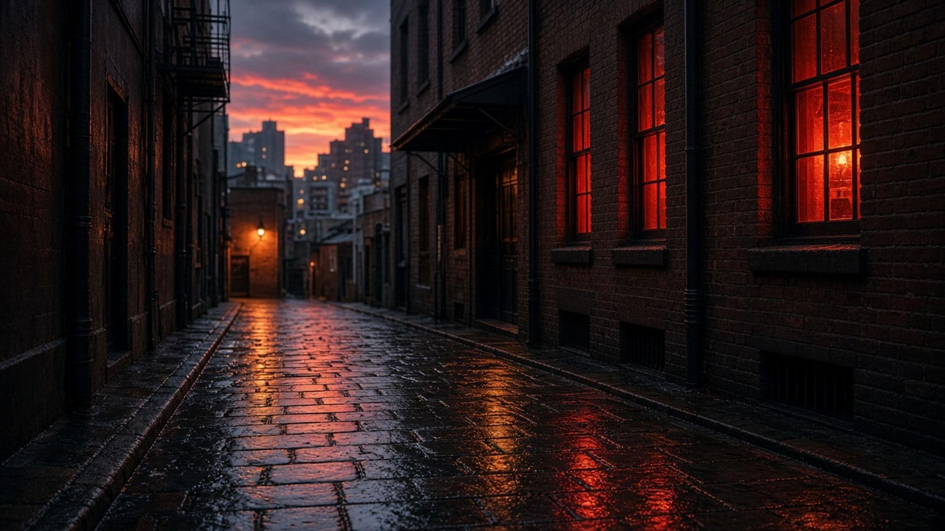 Ink-dark laneway with a warm window