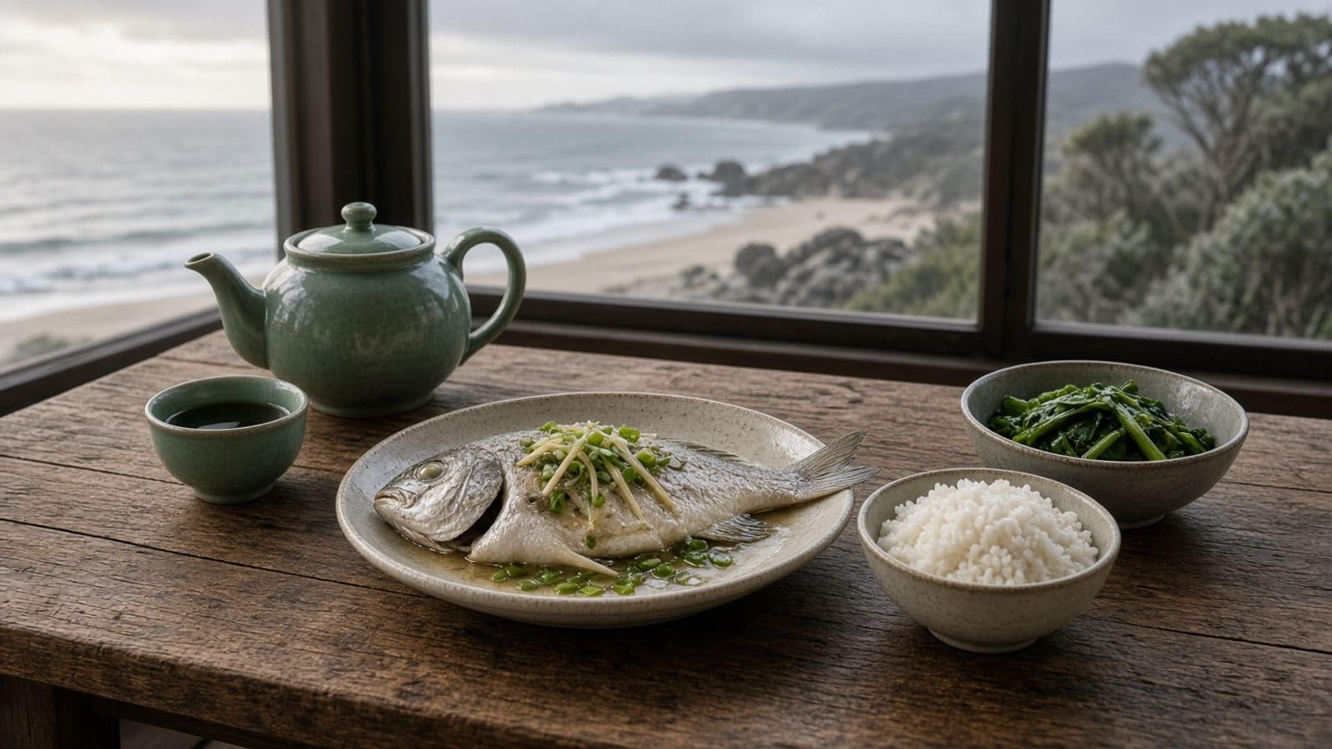 Coastal evening table with fish, greens and tea